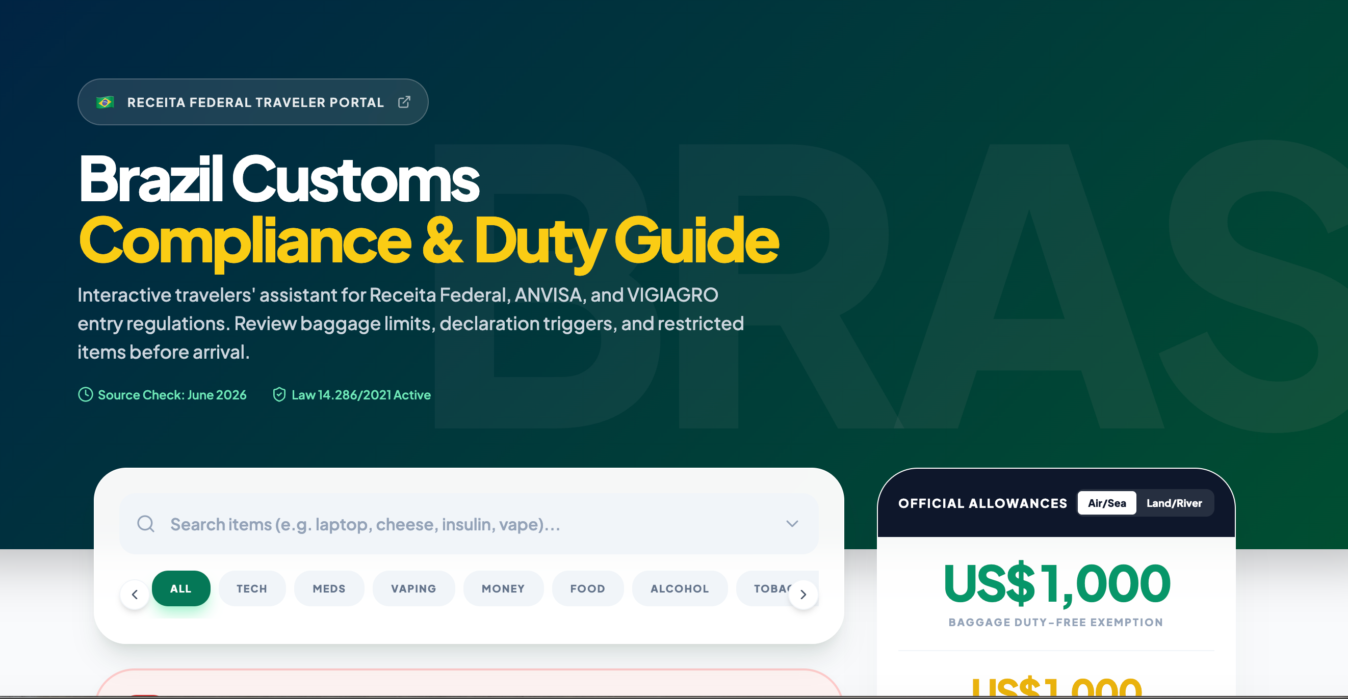 Desktop view of the Border Compliance Assistant hero and search experience.