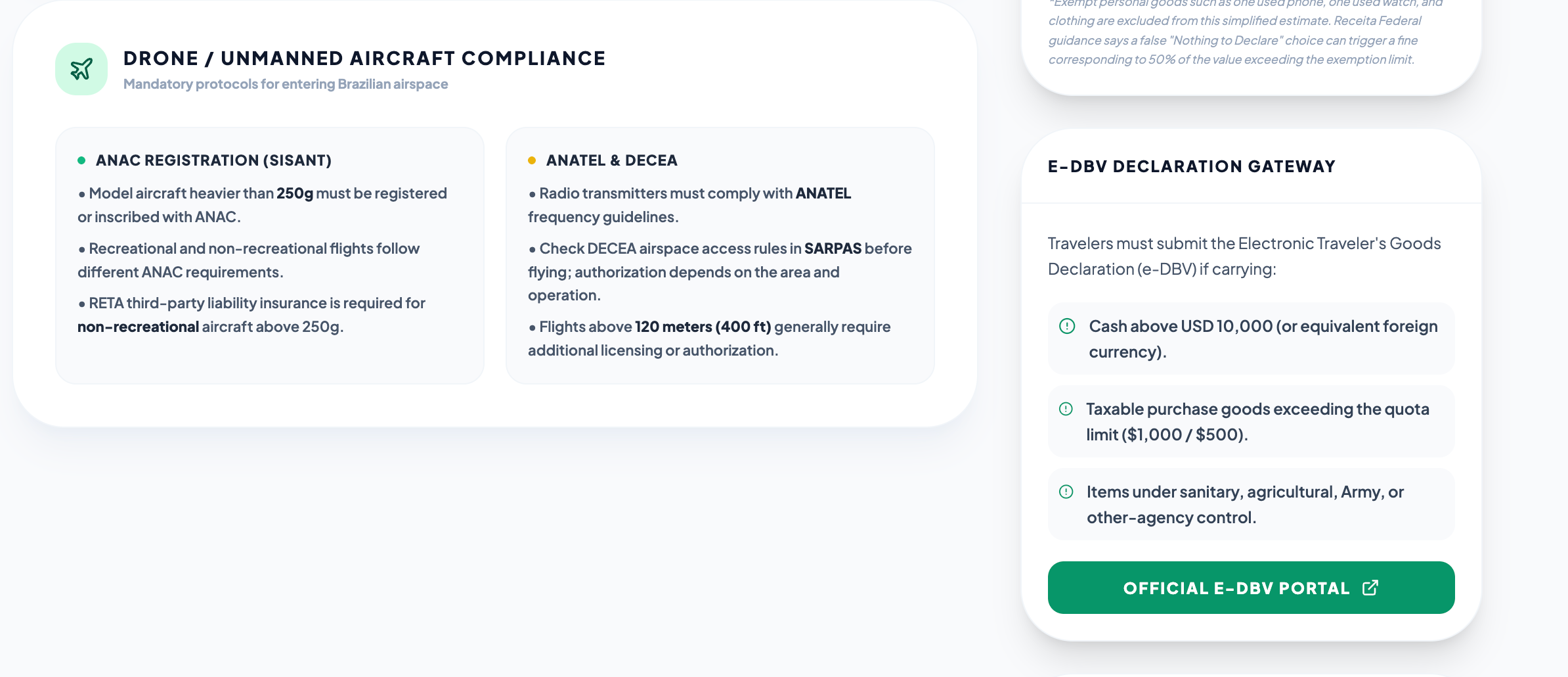 Desktop screenshot of drone compliance and declaration guidance panels.