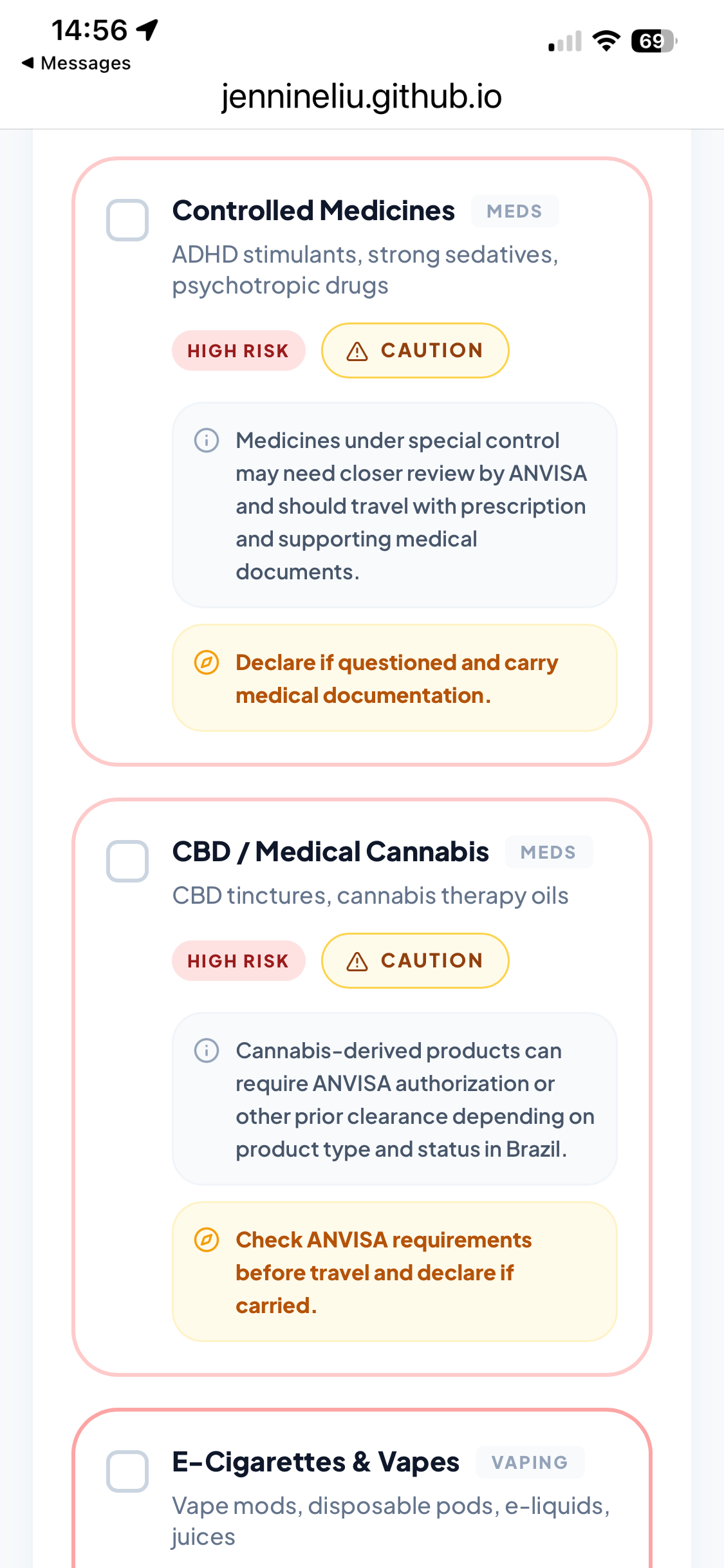 Mobile screenshot showing controlled medicines guidance in the customs registry.
