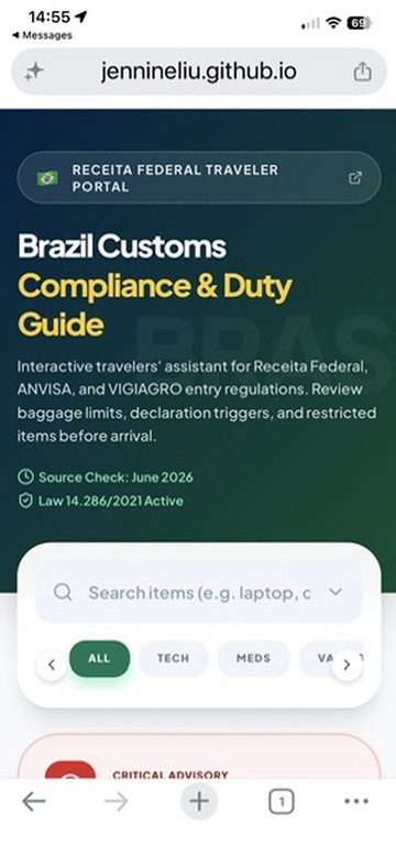 Mobile screenshot showing the Border Compliance Assistant hero and search interface.