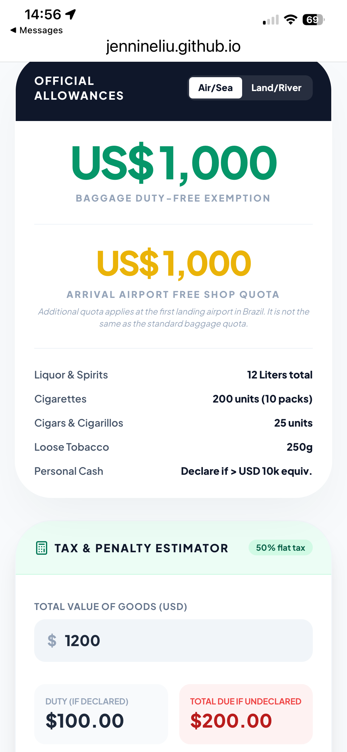 Mobile screenshot showing official allowances and the tax and penalty estimator.